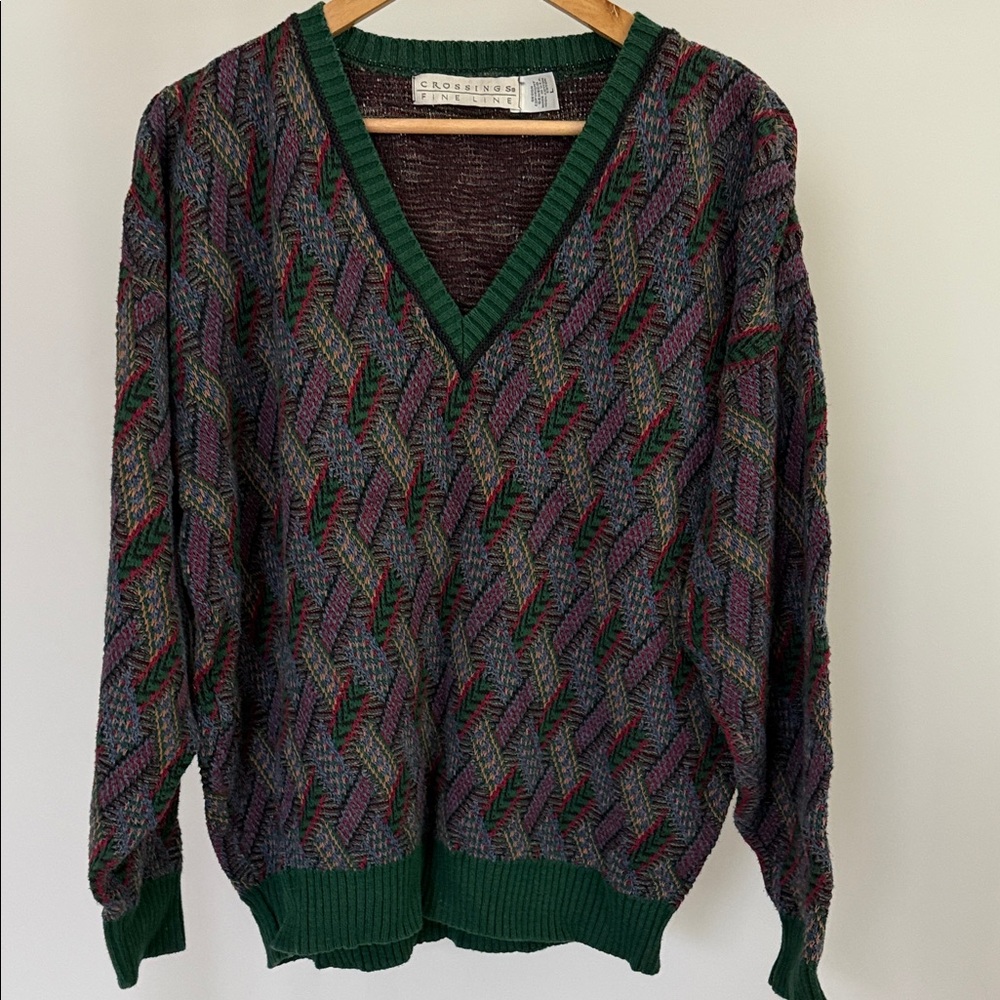 Crosslings Fine Line Vintage 90s V-Neck Pullover Sweater Geometric Made in USA L